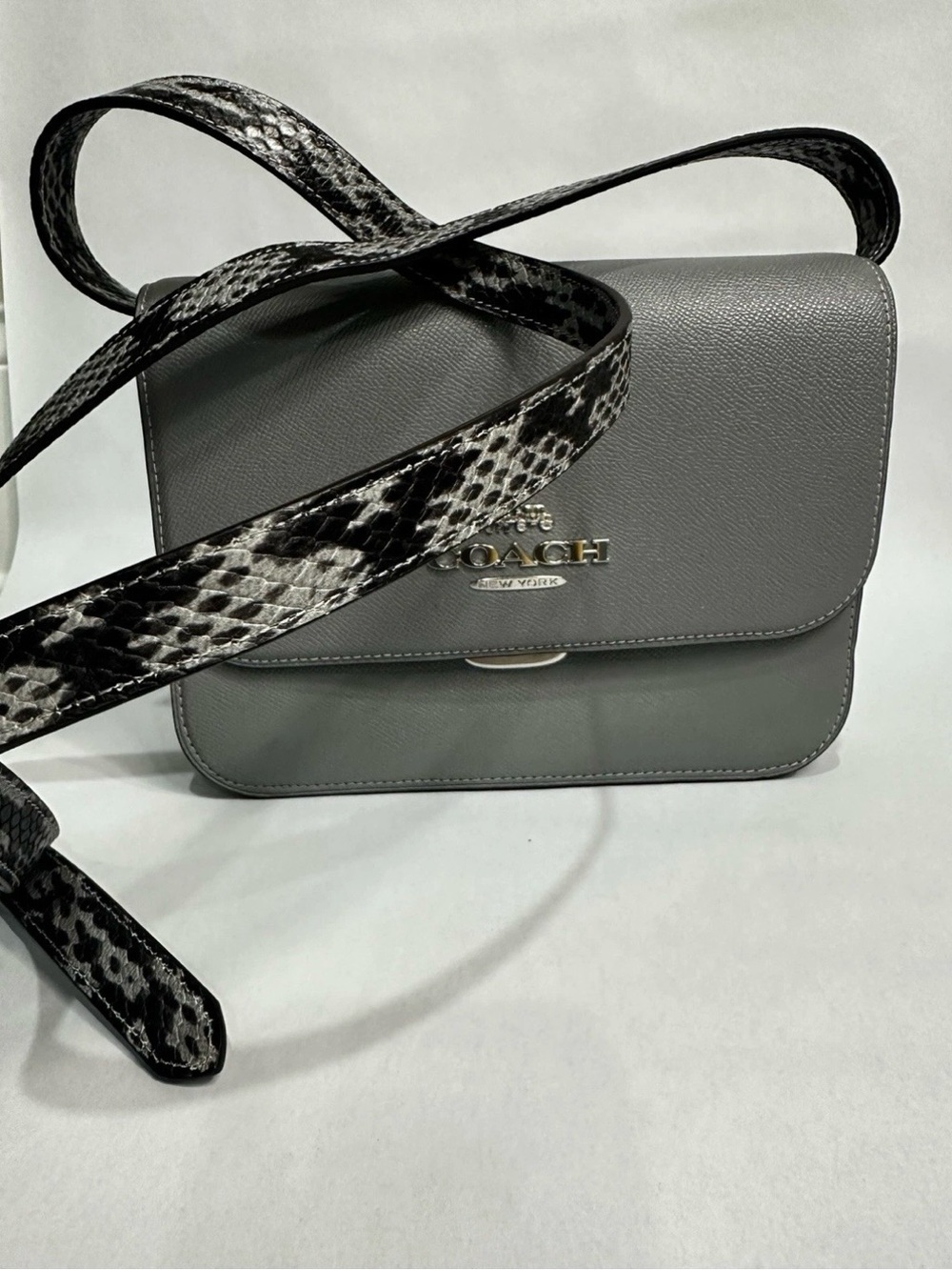 Coach Gray Leather Crossbody Bag Snake Print Strap